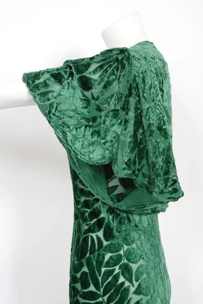 1930's Emerald Green Leaf Motif Sheer Silk Velvet Bias-Cut Gown & Bolero