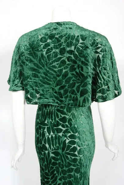 1930's Emerald Green Leaf Motif Sheer Silk Velvet Bias-Cut Gown & Bolero