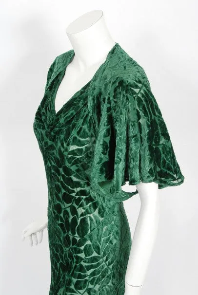 1930's Emerald Green Leaf Motif Sheer Silk Velvet Bias-Cut Gown & Bolero