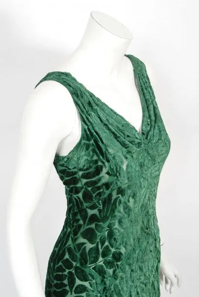 1930's Emerald Green Leaf Motif Sheer Silk Velvet Bias-Cut Gown & Bolero