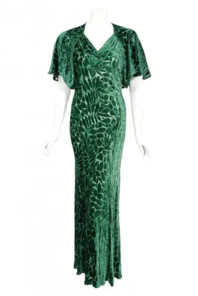 1930's Emerald Green Leaf Motif Sheer Silk Velvet Bias-Cut Gown & Bolero