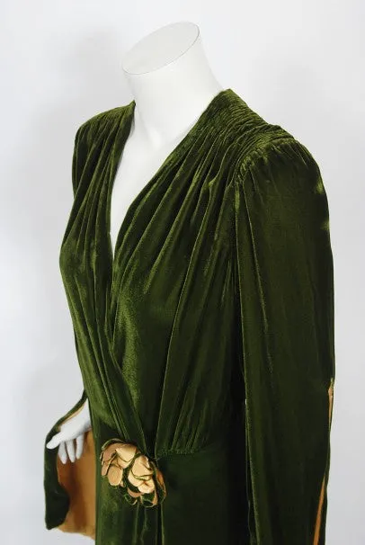 1930's Princess Obolensky Olive Green Velvet Winged-Sleeve Dressing Gown