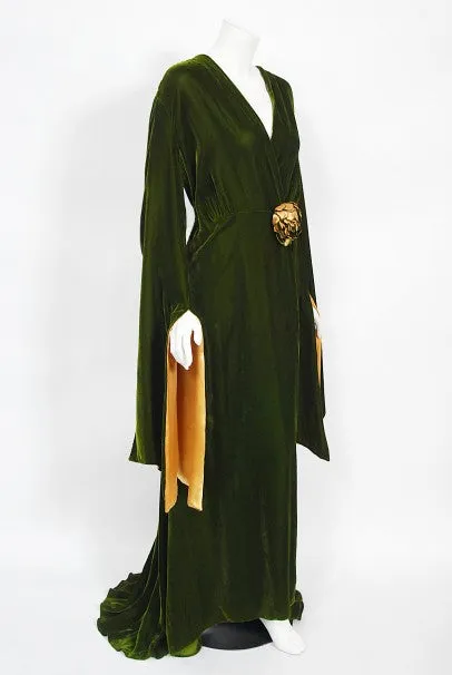 1930's Princess Obolensky Olive Green Velvet Winged-Sleeve Dressing Gown