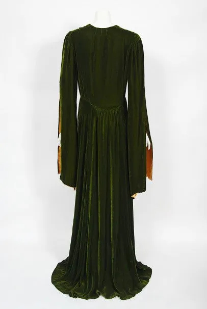 1930's Princess Obolensky Olive Green Velvet Winged-Sleeve Dressing Gown