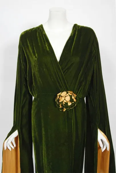 1930's Princess Obolensky Olive Green Velvet Winged-Sleeve Dressing Gown