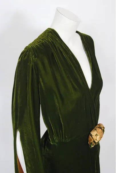 1930's Princess Obolensky Olive Green Velvet Winged-Sleeve Dressing Gown