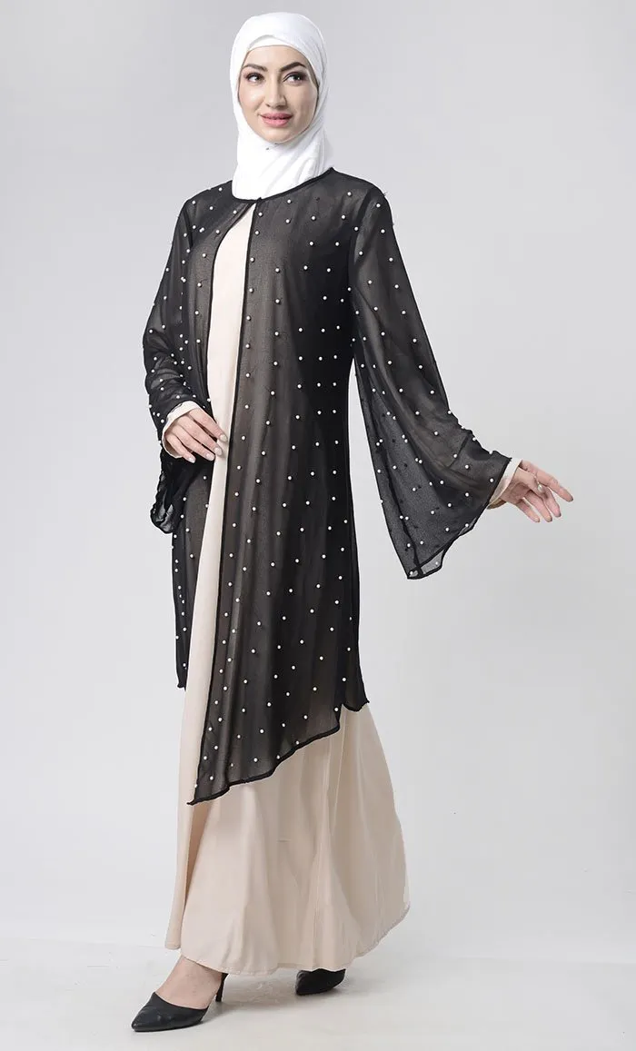 2 Layer Pearl Upper Front Open Abaya