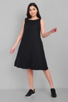 A-line Black Linen Knee Length Dress