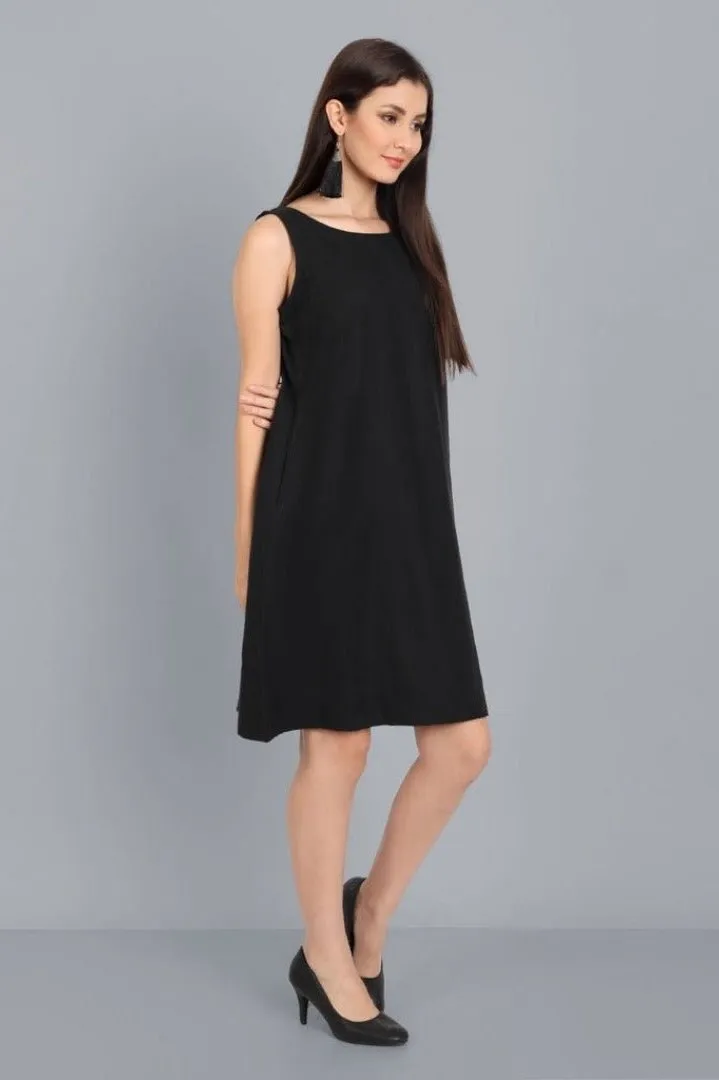 A-line Black Linen Knee Length Dress