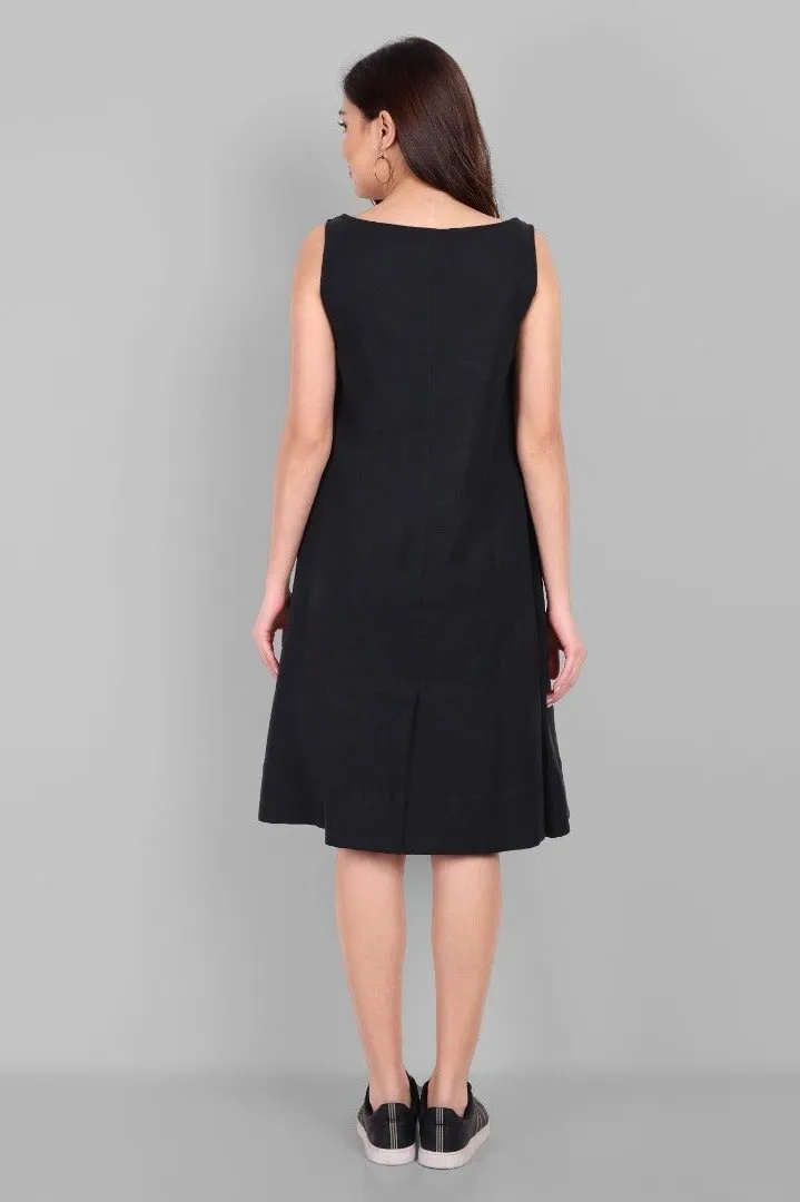 A-line Black Linen Knee Length Dress