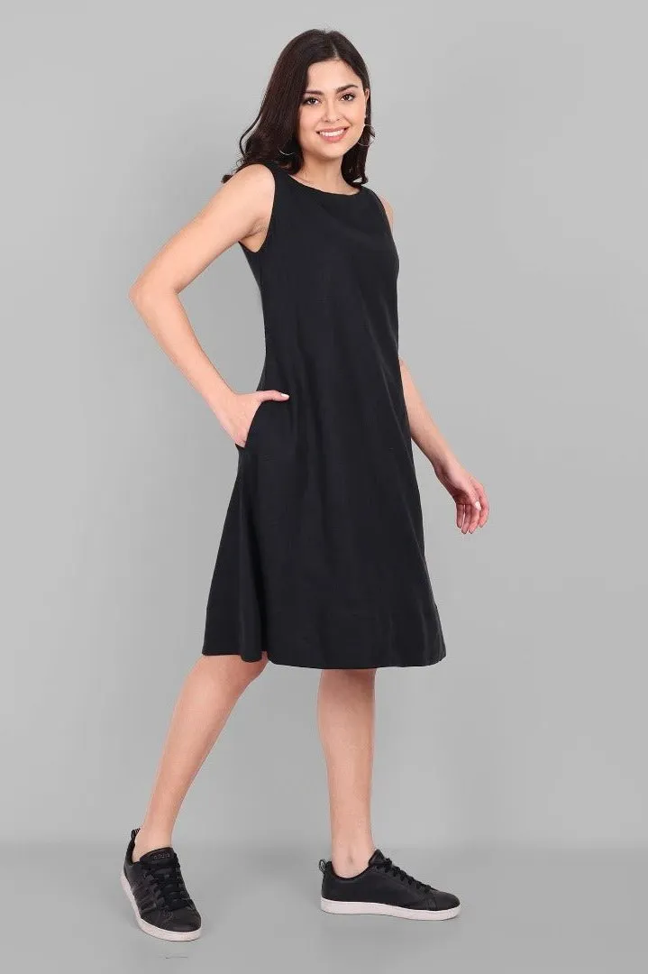 A-line Black Linen Knee Length Dress