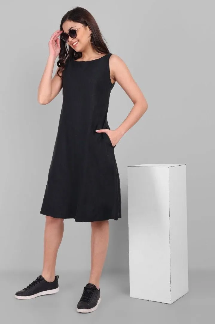 A-line Black Linen Knee Length Dress