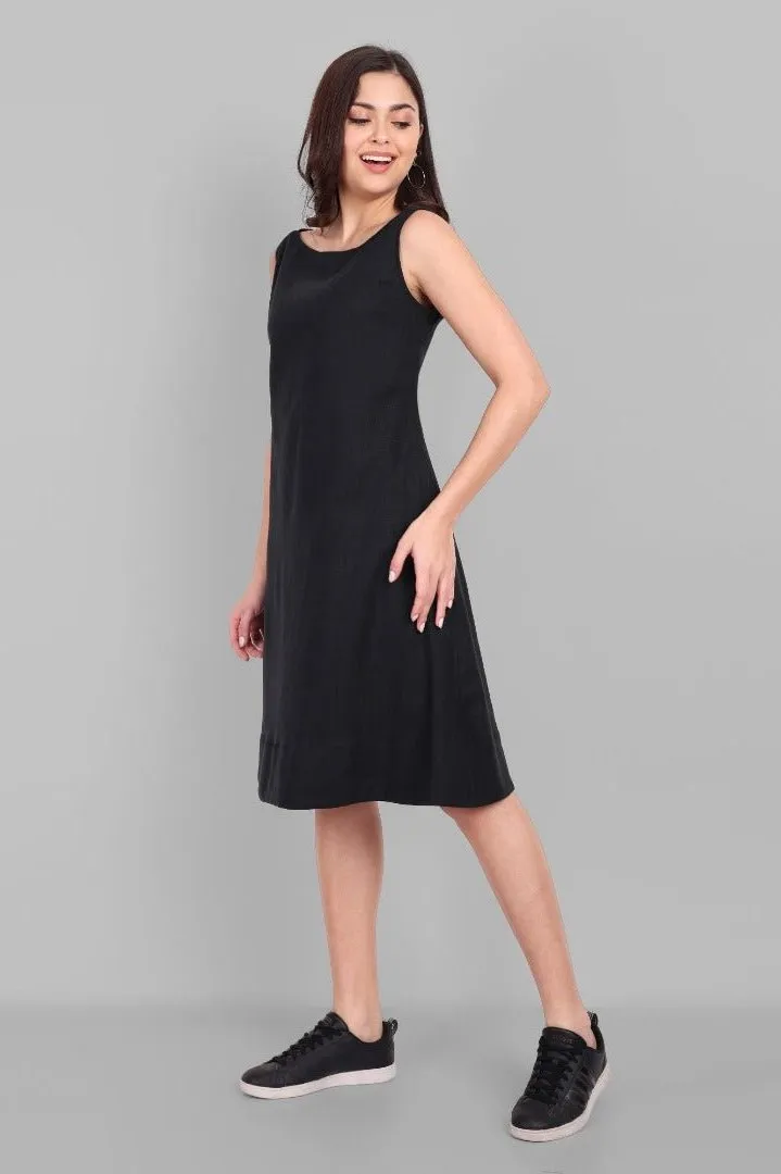 A-line Black Linen Knee Length Dress