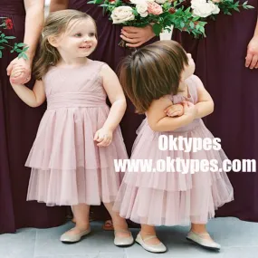 A-Line Round Neck Long Blush Tiered Tulle Flower Girl Dresses, TYP0909