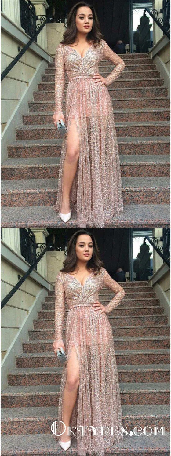 A-Line V-Neck Long Sleeves Slit Leg Sequined Prom Dresses, TYP1847