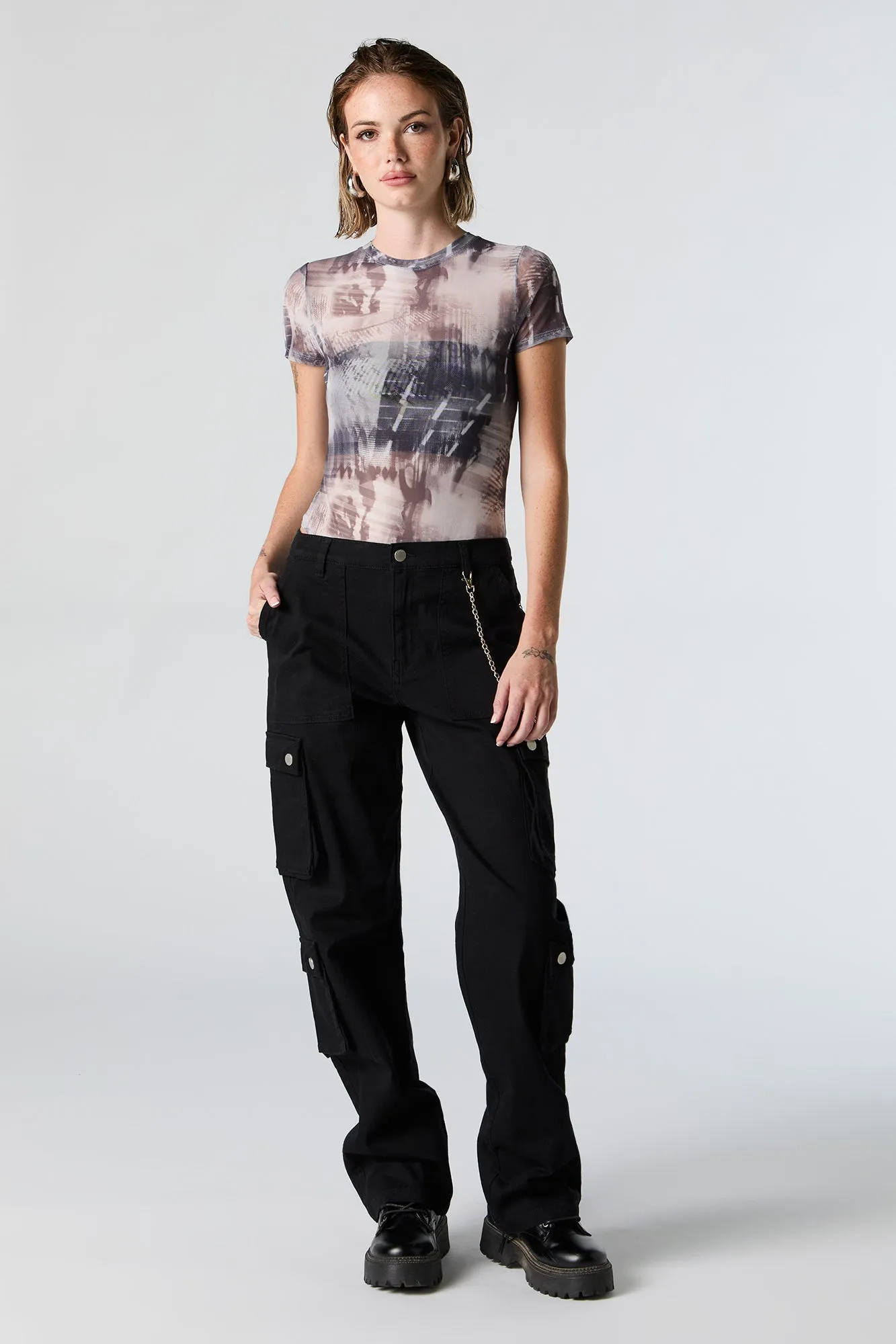 Abstract Print Mesh Short Sleeve Bodysuit