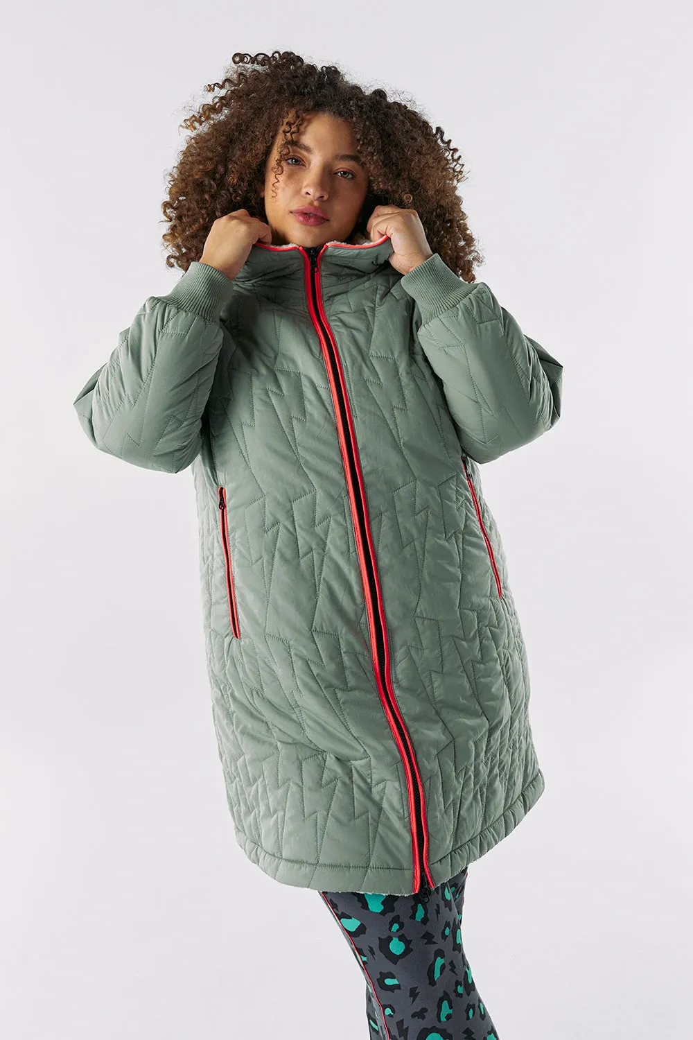 Adults Reversible Quilted Coat Khaki Lightning Bolt