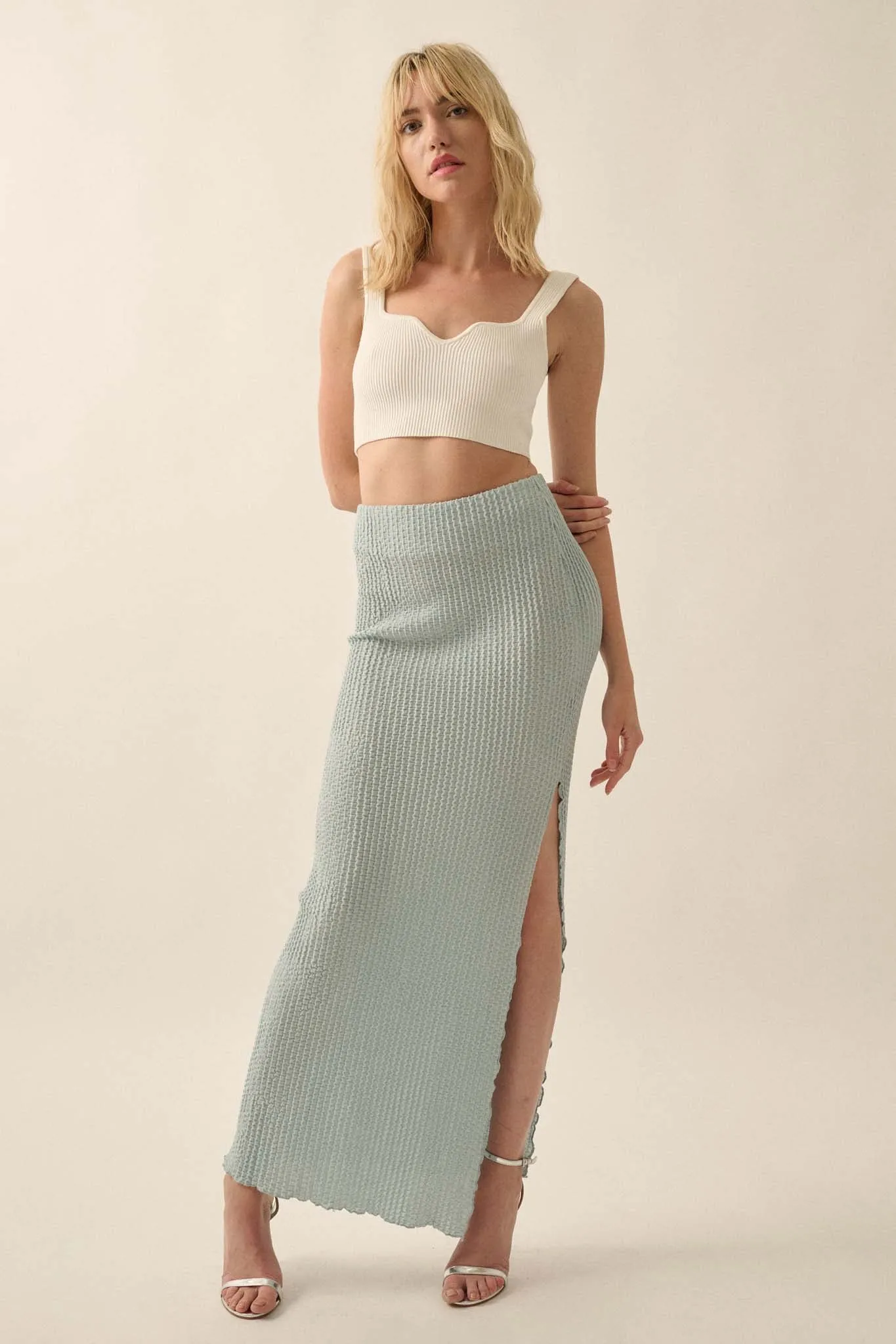 Air Kiss Textured Pucker-Knit Maxi Skirt