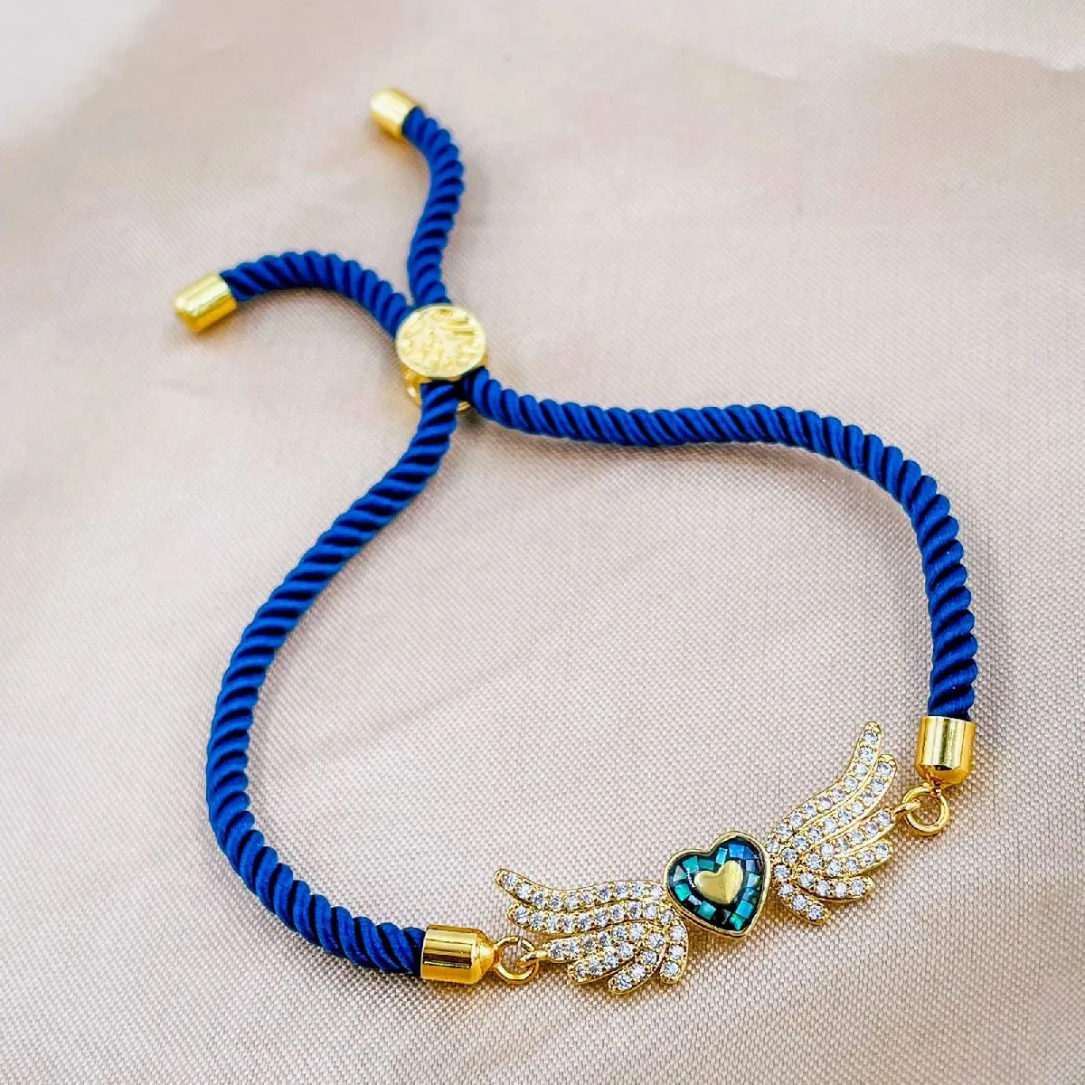 Angel Heart Copper Gold Blue Cubic Zirconia Thread Slider Bracelet Women