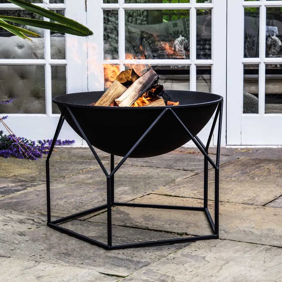 Antalya Large Round Fire Pit With Stand - Black Iron