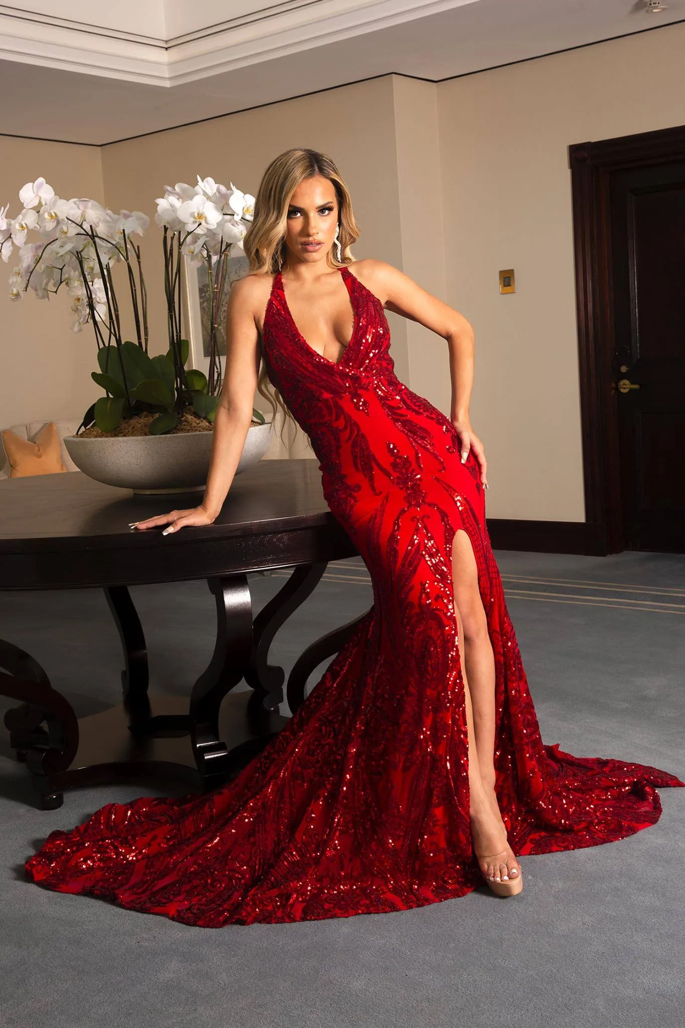 Ariella Side Slit Pattern Sequin Gown - Red