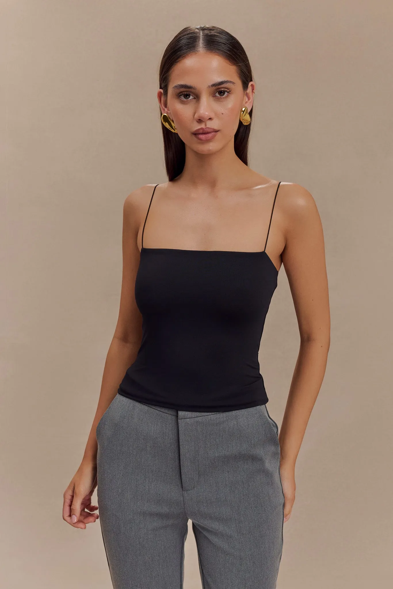 Arya Longline Spaghetti Strap Top - Black