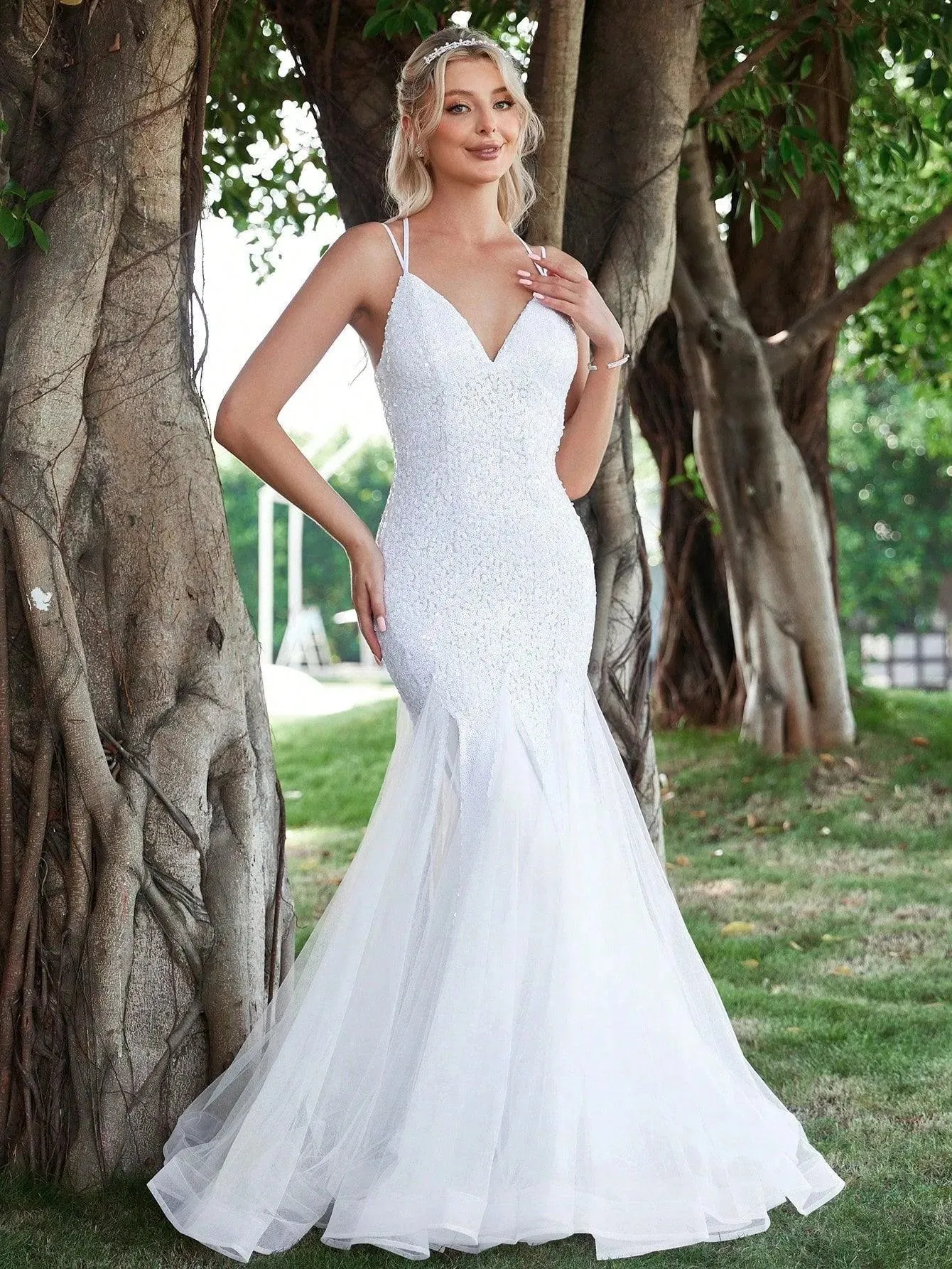 Backless Mermaid Hem Sequin Cami Wedding Dress