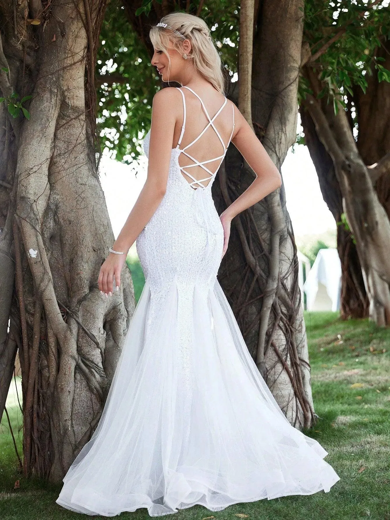 Backless Mermaid Hem Sequin Cami Wedding Dress