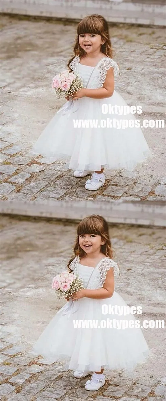 Ball Gown Square Neck White Tulle Flower Girl Dress with Lace, TYP0886