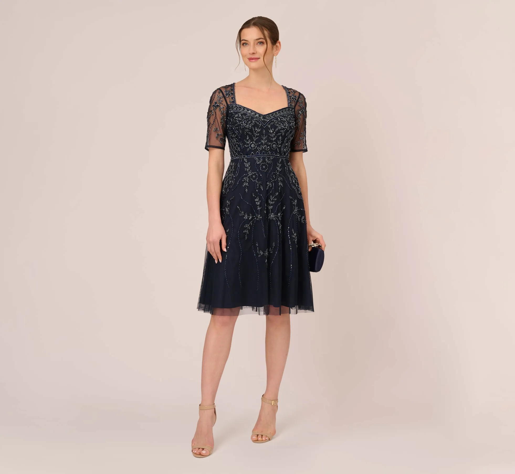 Beaded Midi Dress With Sheer Short Sleeves In Midnight