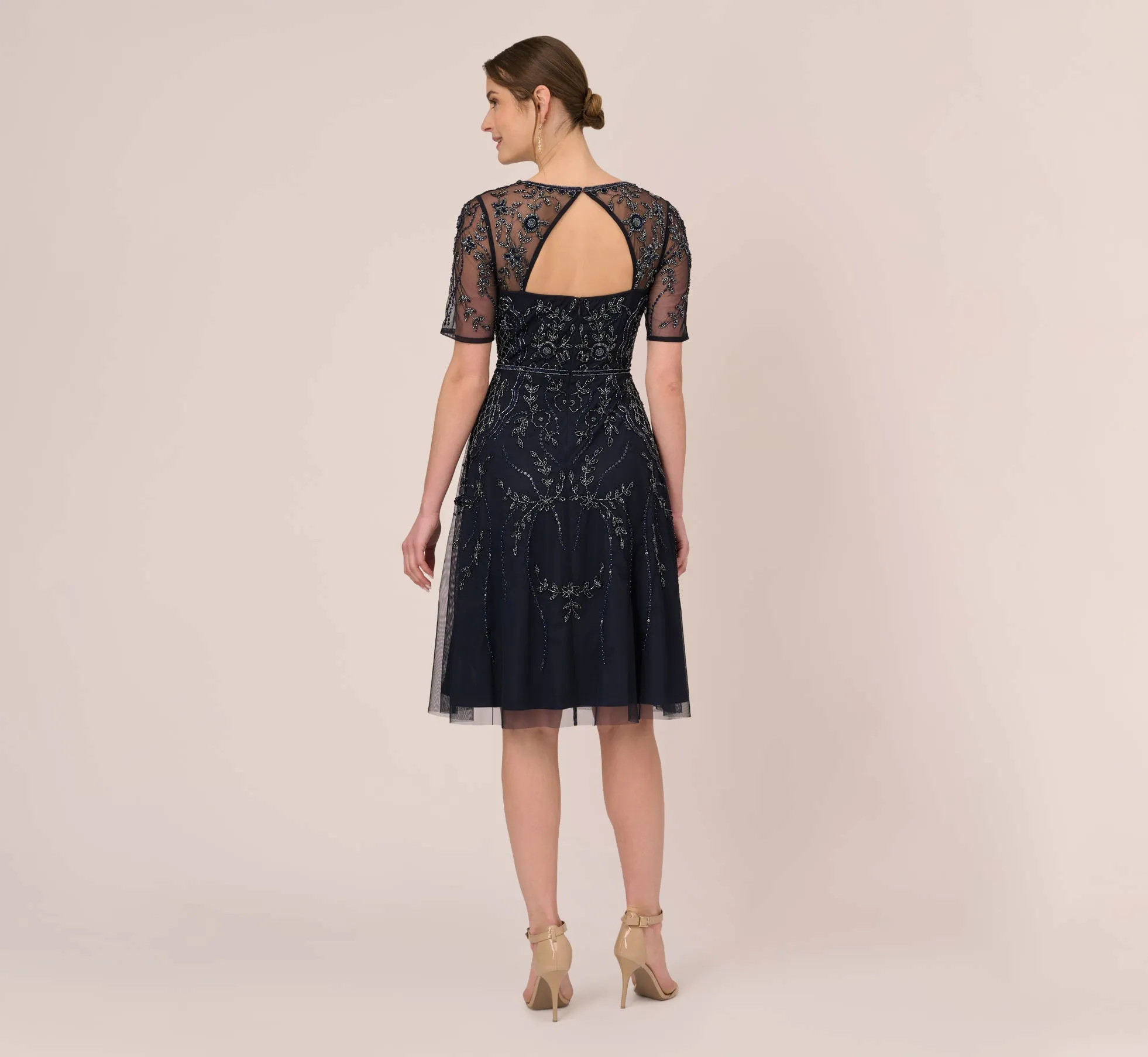 Beaded Midi Dress With Sheer Short Sleeves In Midnight