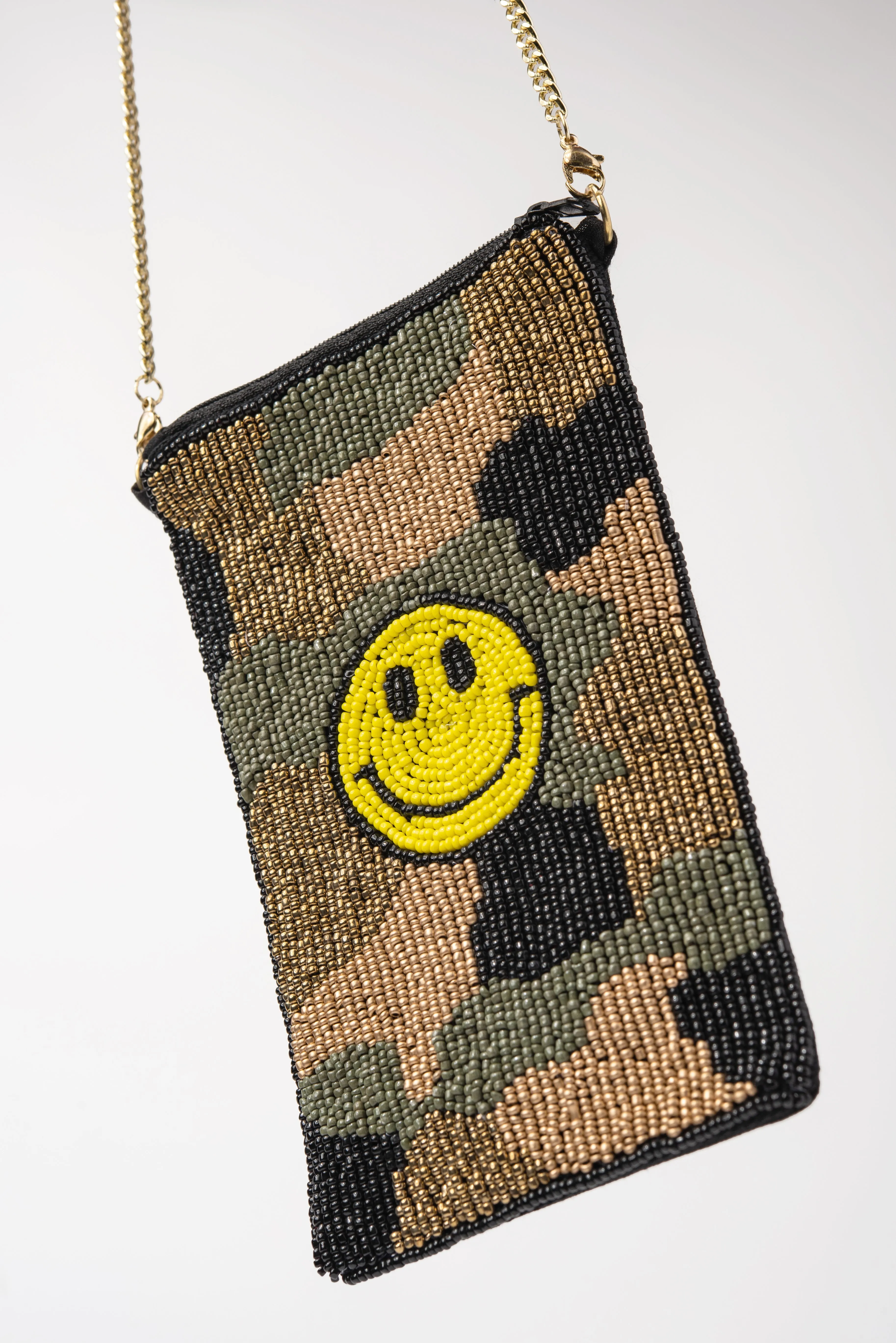 Beaded Smiley Face Camo Print Crossbody Pouch