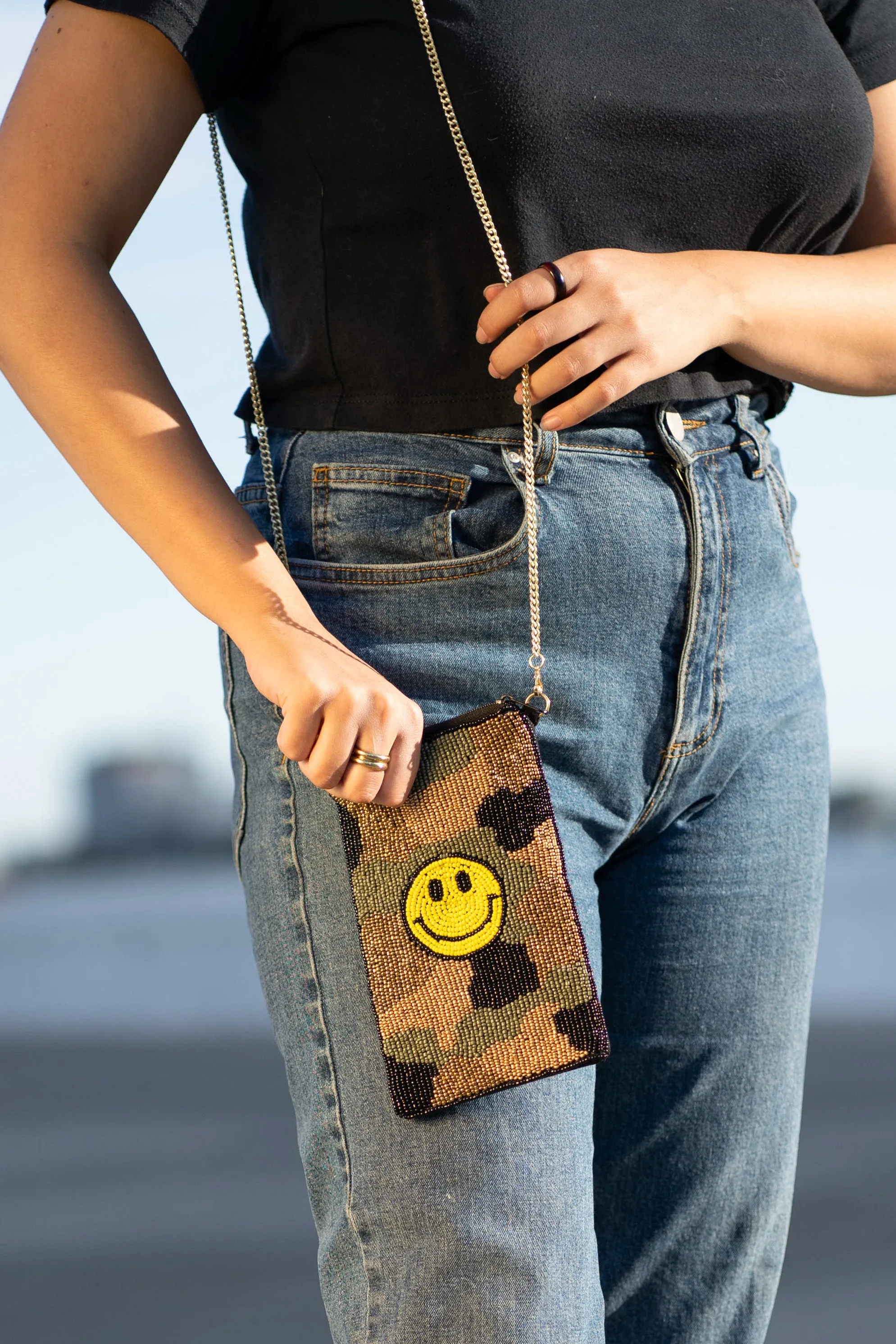 Beaded Smiley Face Camo Print Crossbody Pouch