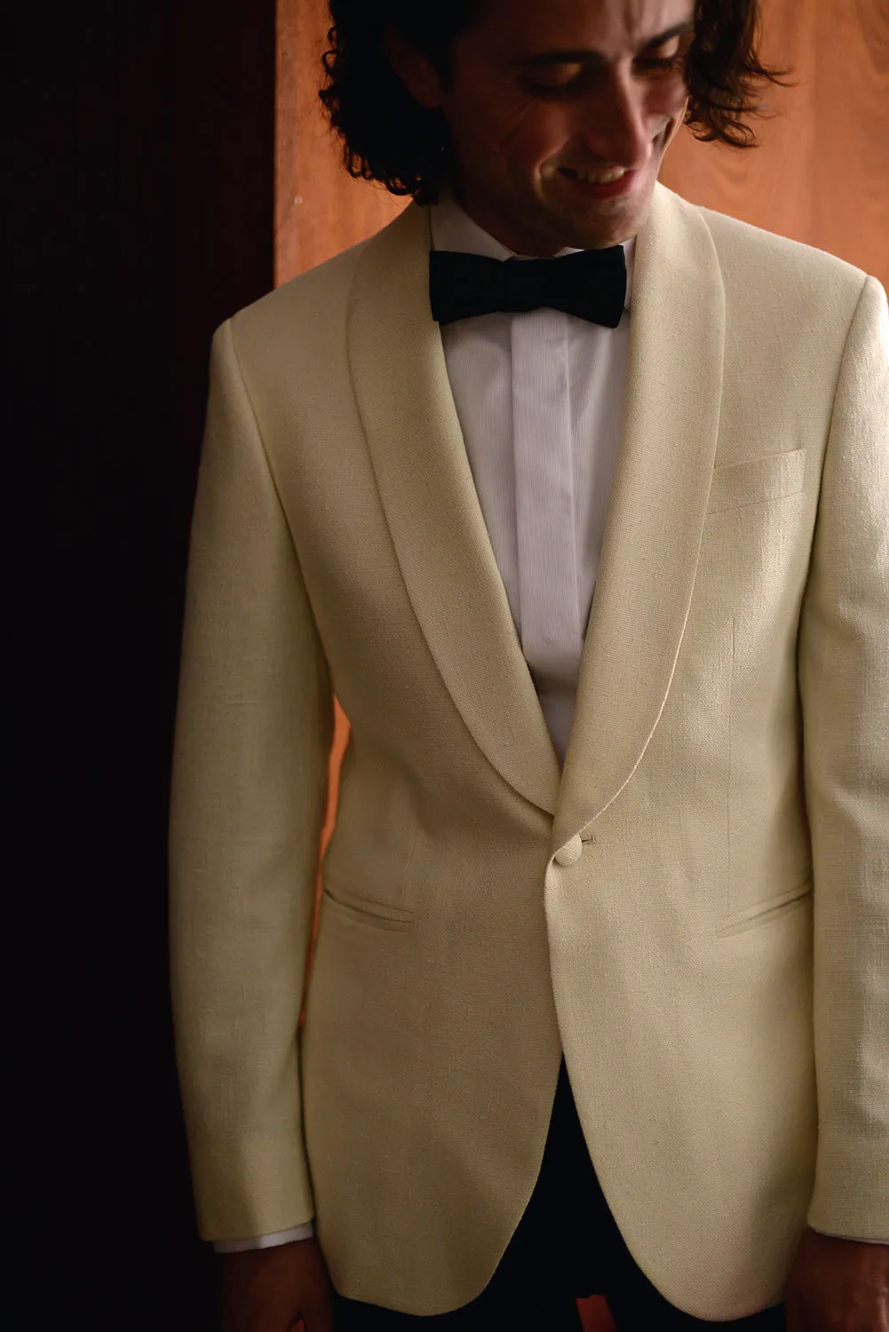 BKT50 Shawl Collar Dinner Jacket in Silk & Wool Hopsack - Ivory