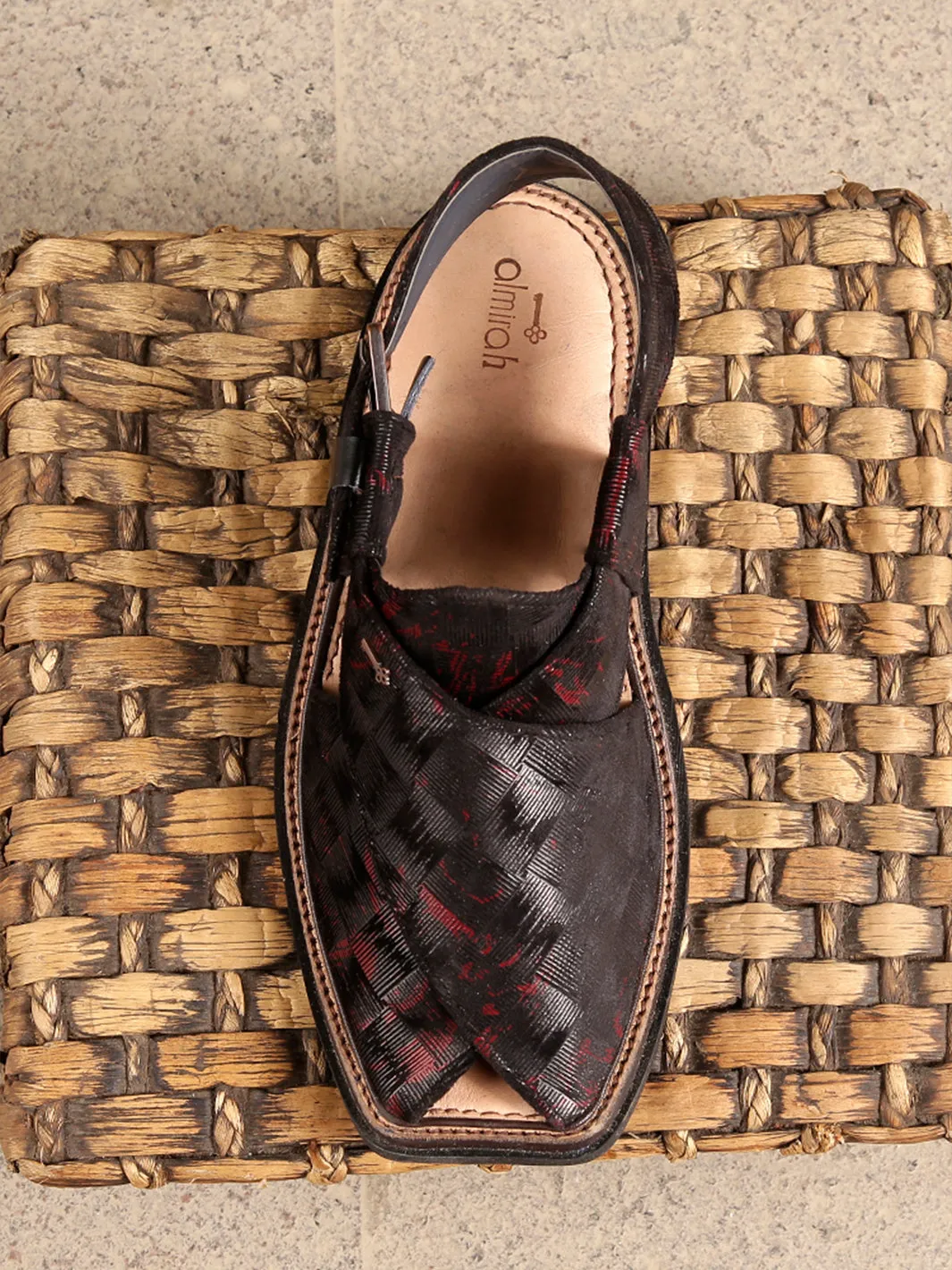 Black & Red Leather Peshawari Chappal - MFW-TFB-011