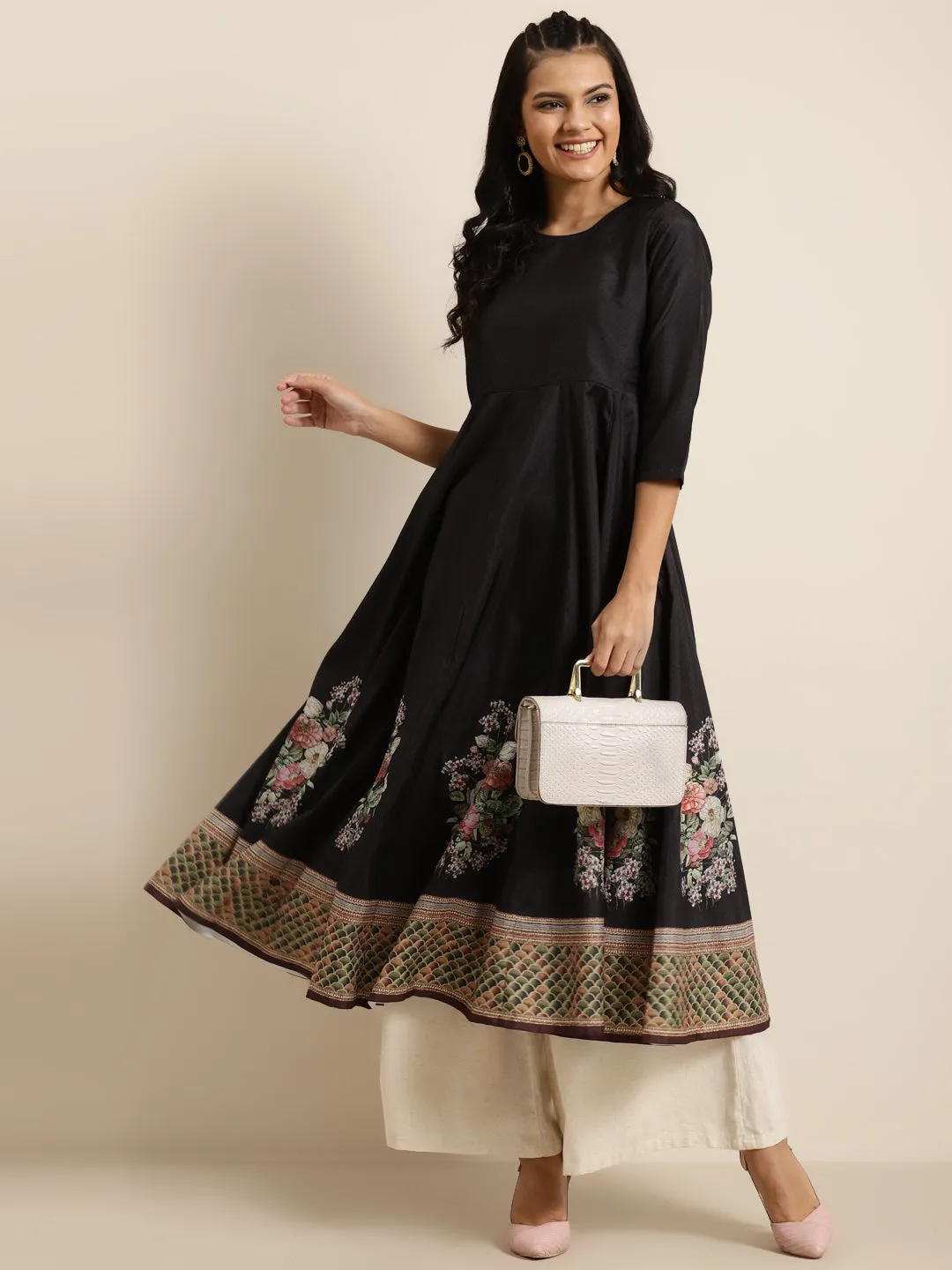 Black Floral Kali Kurta