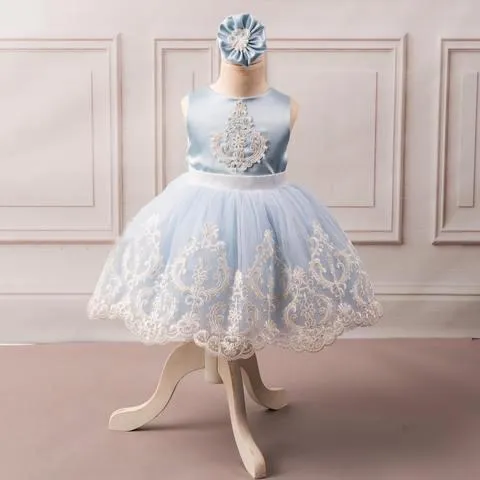 Blue Satin Off White Applique See Through Back Bow Knot Flower Girl Dresses, TYP1419