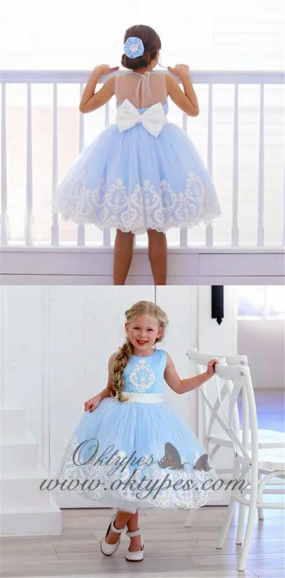 Blue Satin Off White Applique See Through Back Bow Knot Flower Girl Dresses, TYP1419