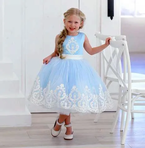 Blue Satin Off White Applique See Through Back Bow Knot Flower Girl Dresses, TYP1419