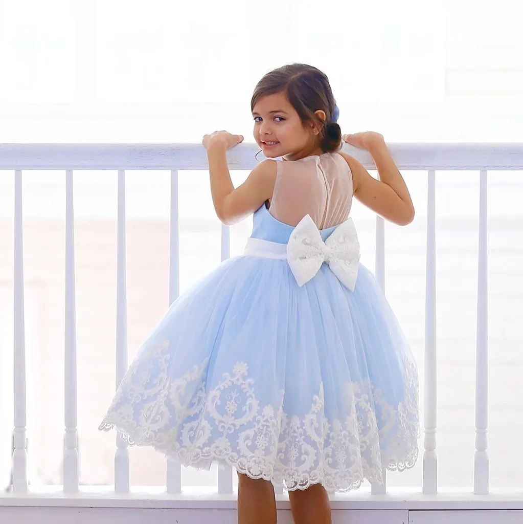 Blue Satin Off White Applique See Through Back Bow Knot Flower Girl Dresses, TYP1419