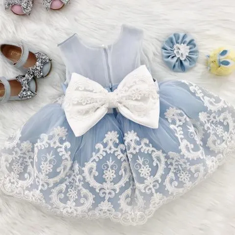 Blue Satin Off White Applique See Through Back Bow Knot Flower Girl Dresses, TYP1419