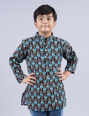 Boys 100% Cotton Ethnic Motif Jaipuri Short Kurta With Front Embroidery