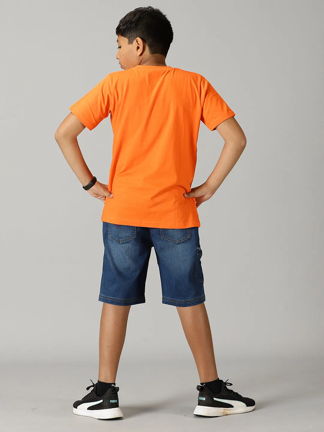 Boys Printed Round Neck Tee & Denim Cargo Shorts Set