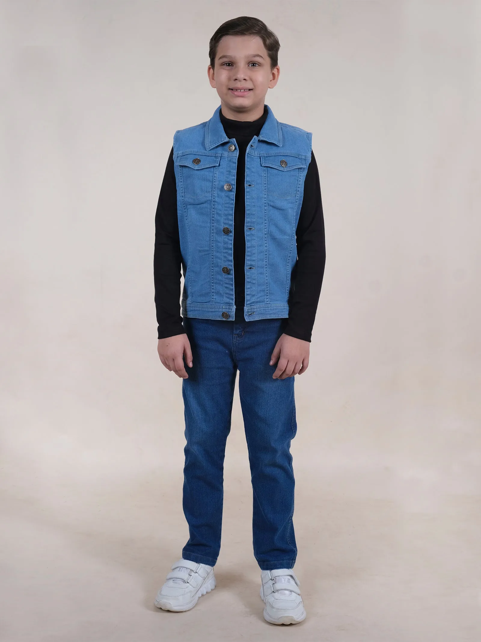 Boys Sleeveless Solid Denim Jacket