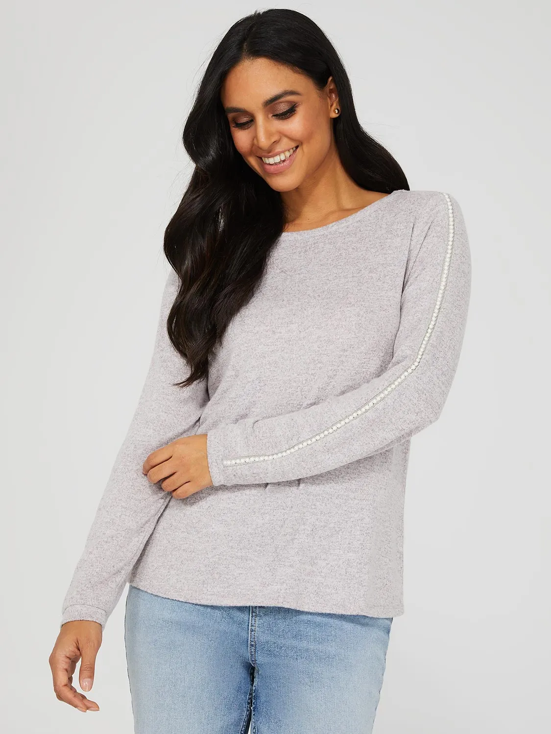 Brushed Sweater With Pearl Sleeve Detail