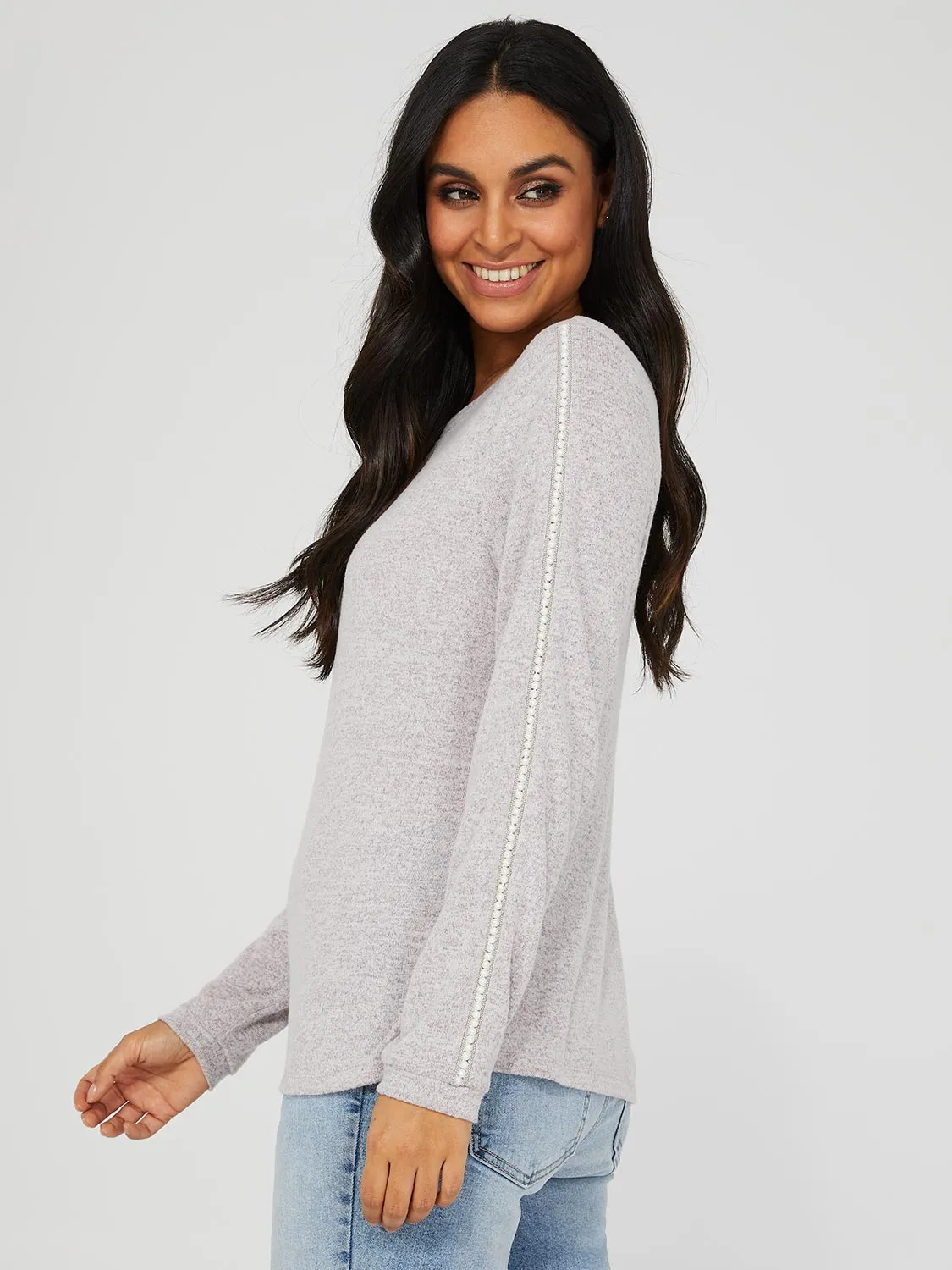 Brushed Sweater With Pearl Sleeve Detail