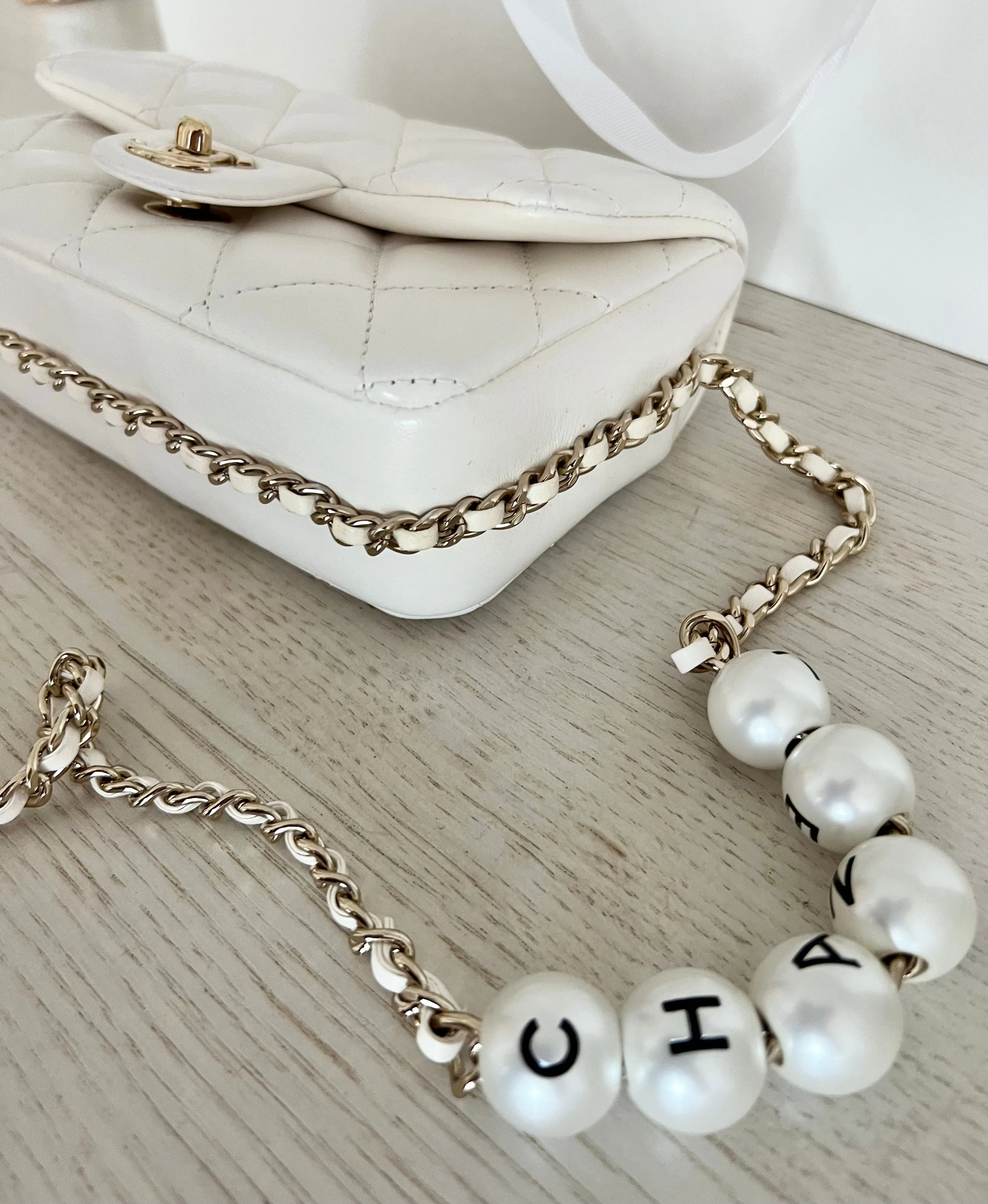 Chanel Logo Pearl Chain Bag