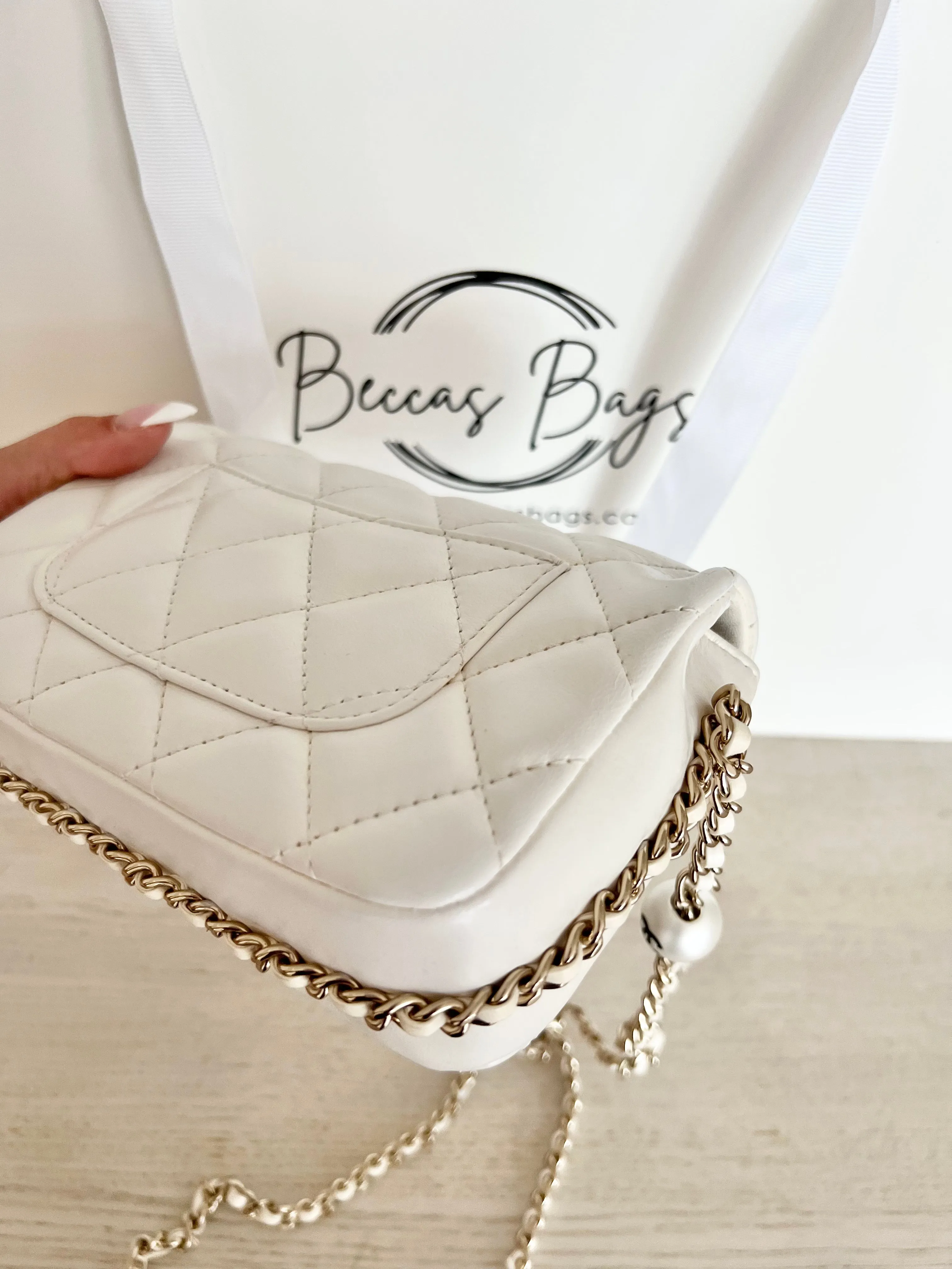 Chanel Logo Pearl Chain Bag