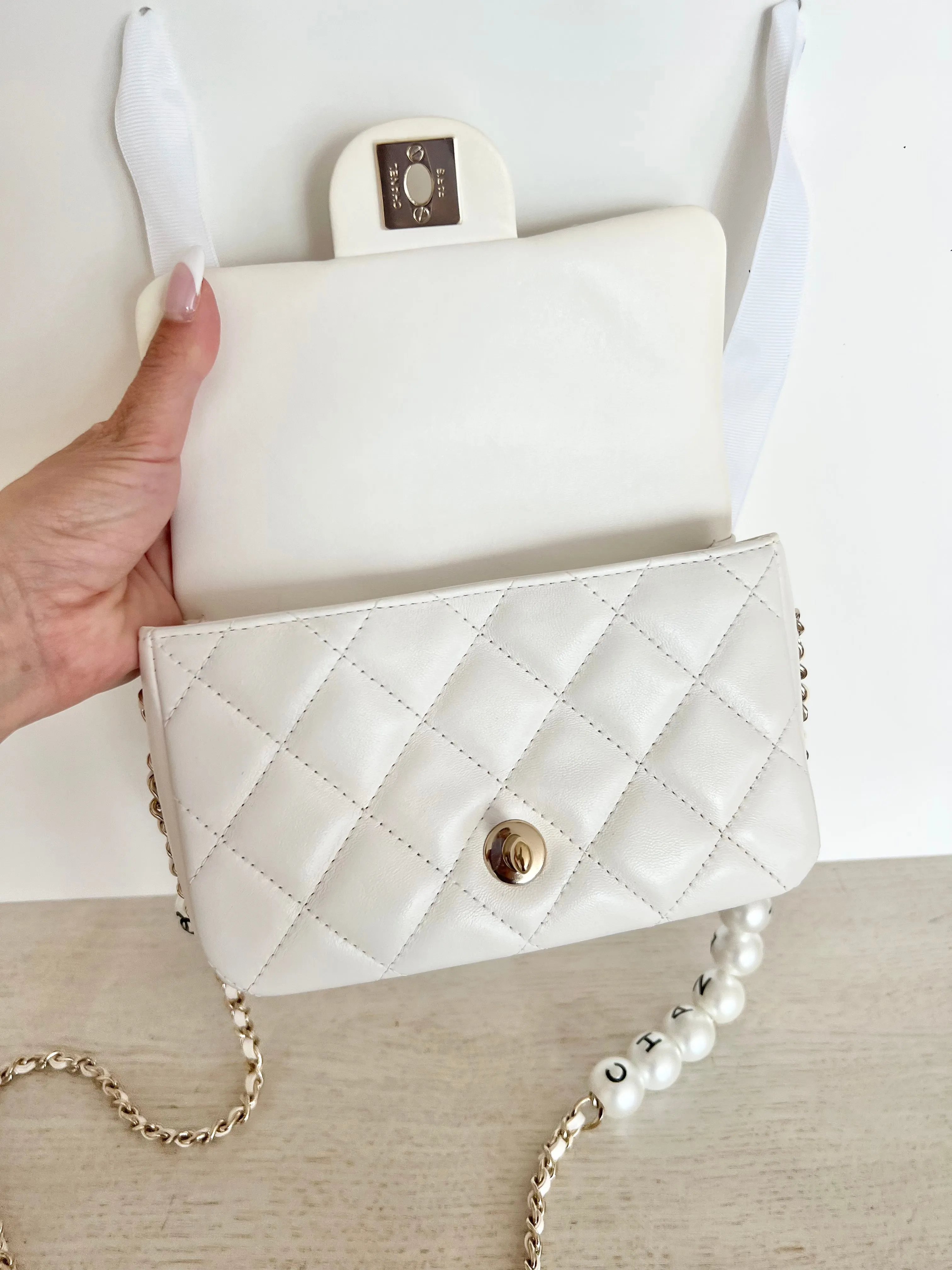 Chanel Logo Pearl Chain Bag