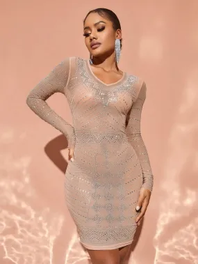 Chic Rhinestone Detail Sheer Mesh Mini Dress